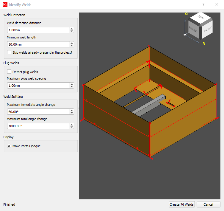Identify welds dialog