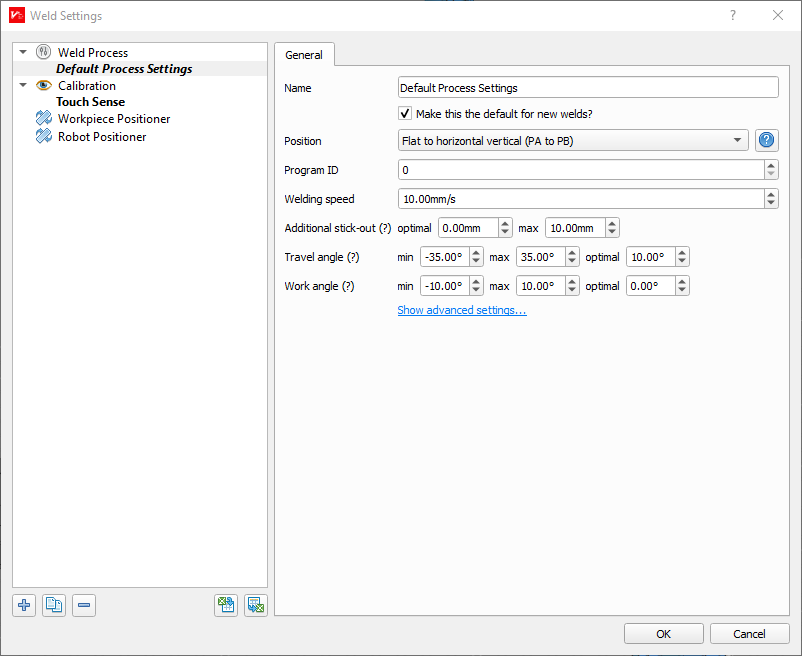 Weld settings dialog